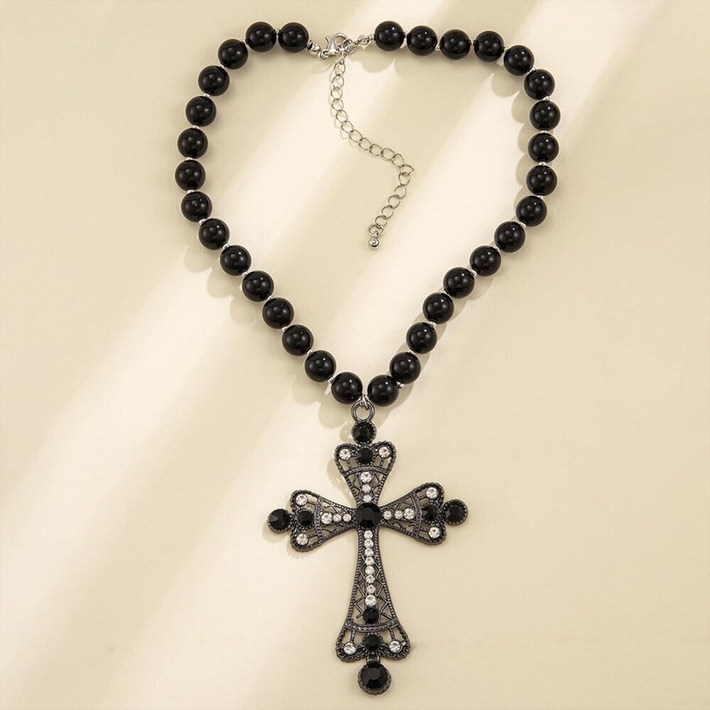 Women Black Pearl Cross Necklace - Chunky Gothic Punk Vintage Cross Jewelry - Picture 5 of 8